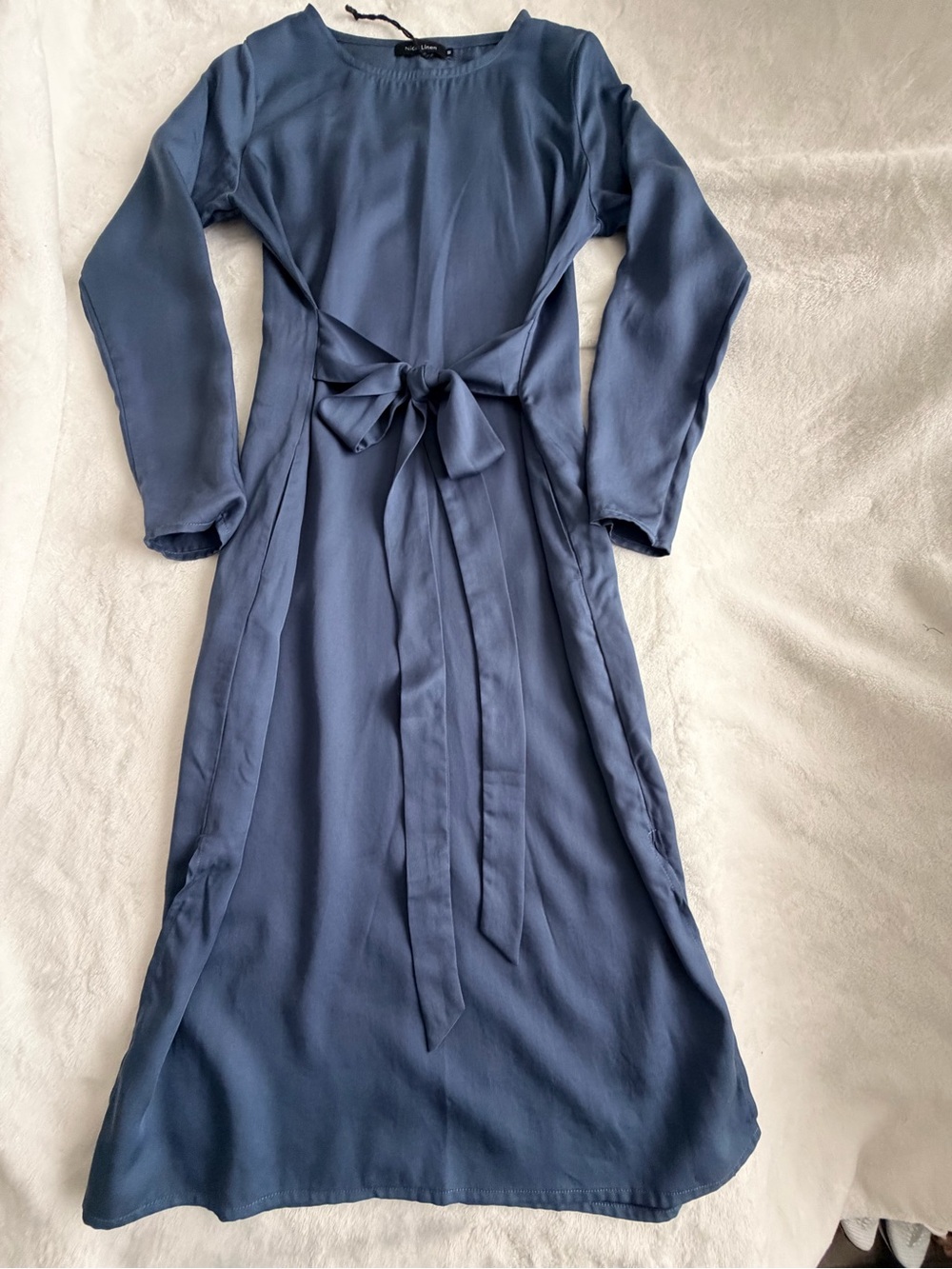 Nich Linen Long Sleeve Blue Tie-Waist Midi Dress Modest Size Medium